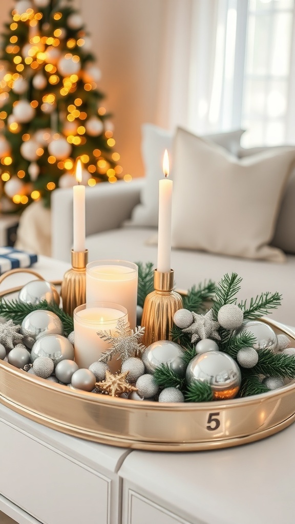 A beautifully arranged Christmas tray with silver and gold accents, featuring candles and ornaments.