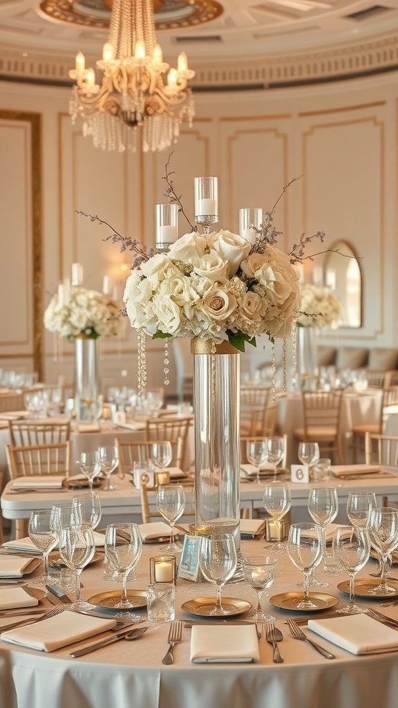 Elegant bridal shower table setting with tall floral centerpieces in a luxurious venue.