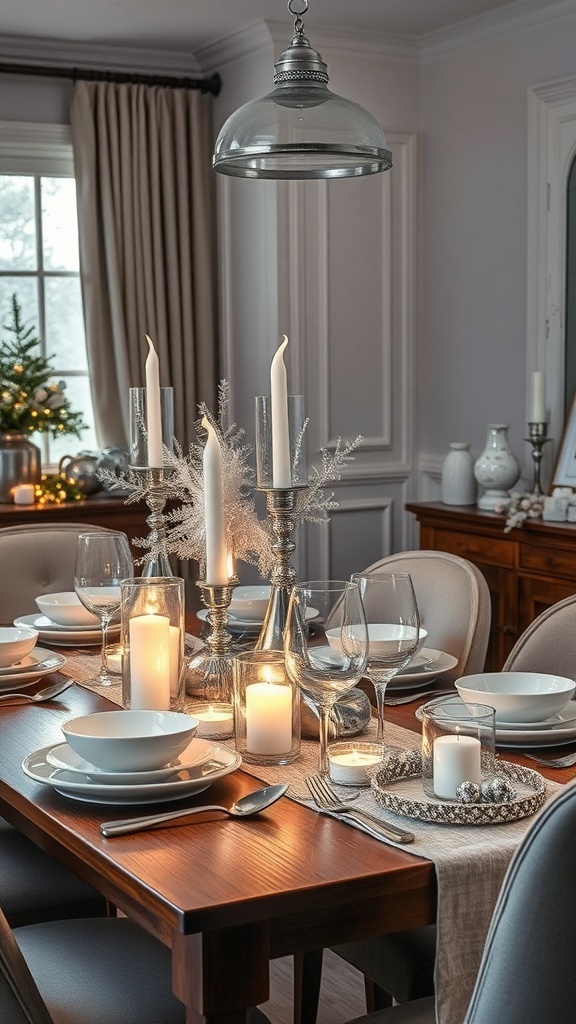 A winter tablescape featuring silver and white decor with candles, dinnerware, and a warm ambiance.