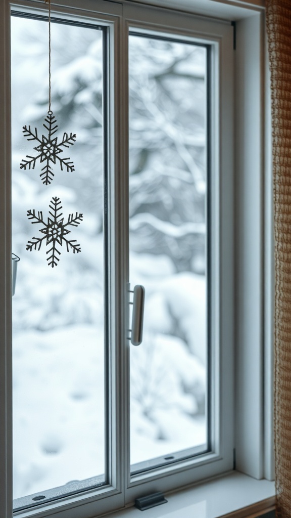 A window with snowflake decorations hanging, overlooking a snowy landscape.