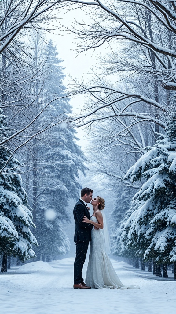 A couple kissing in a snowy landscape during their winter wedding.