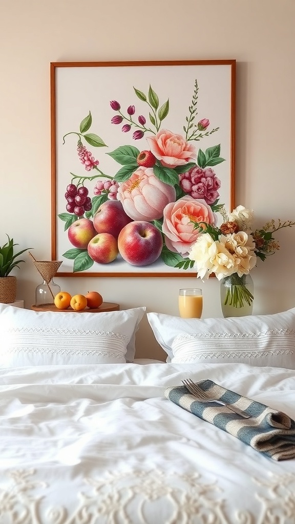 A still life artwork featuring colorful fruits and flowers, displayed above a neatly made bed with decorative pillows.