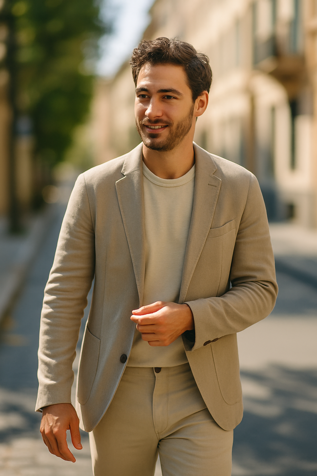 A man in a light blazer and trousers walking down a sunny street, showcasing a formal summer outfit.