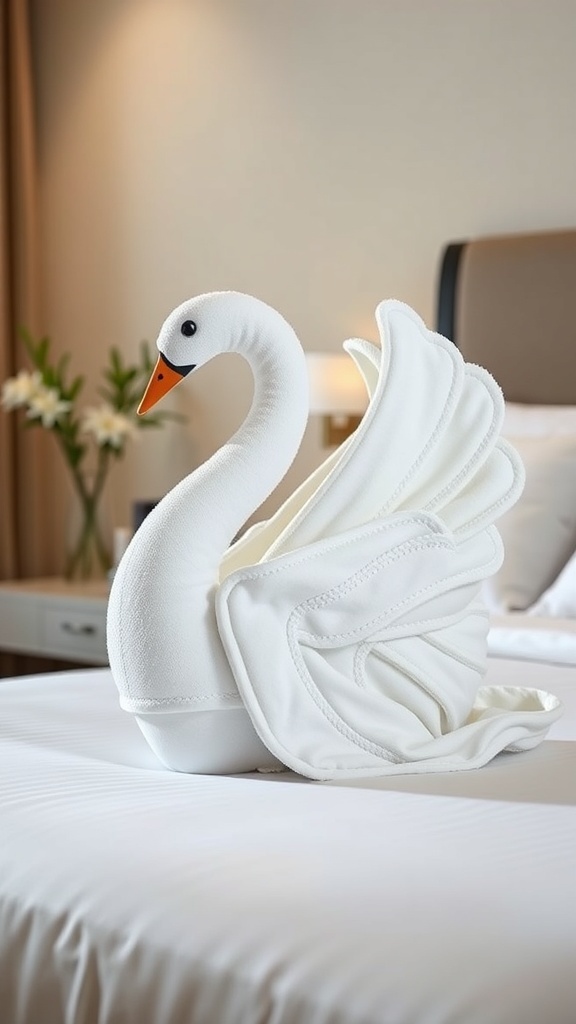 A beautifully folded towel shaped like a swan, showcasing its neck and wings.
