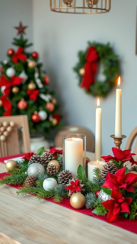 A beautifully arranged Christmas table centerpiece with candles, poinsettias, pinecones, and ornaments.