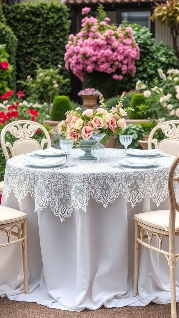 A decorated table for a bridal shower in a garden with white linens and pink roses.
