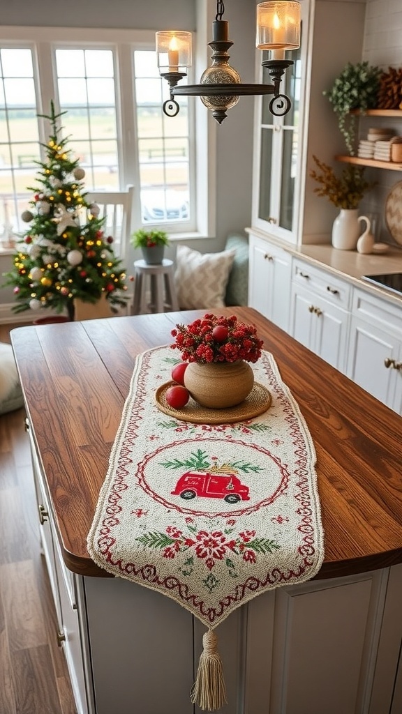 A kitchen island decorated with a holiday-themed table runner featuring a red truck and floral motifs, complemented by a bowl of ornaments and a warm light fixture.