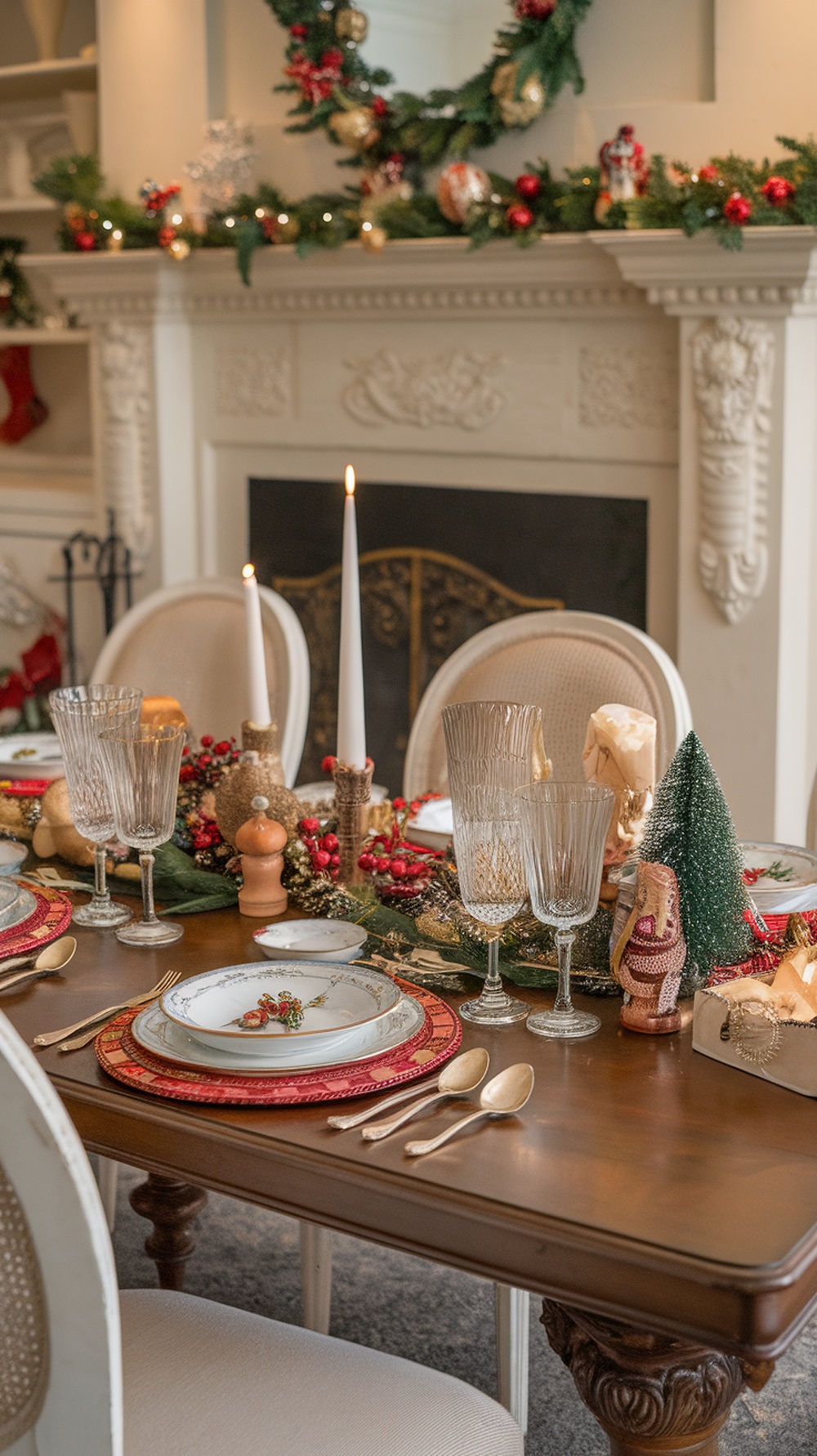 A beautifully set holiday dining table with a green garland centerpiece, candles, and elegant tableware.