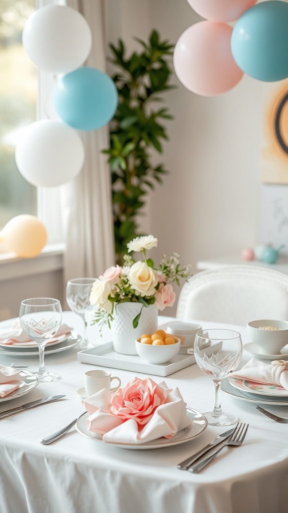 A beautifully arranged table for a baby shower brunch featuring soft colors, elegant glassware, and a floral centerpiece.