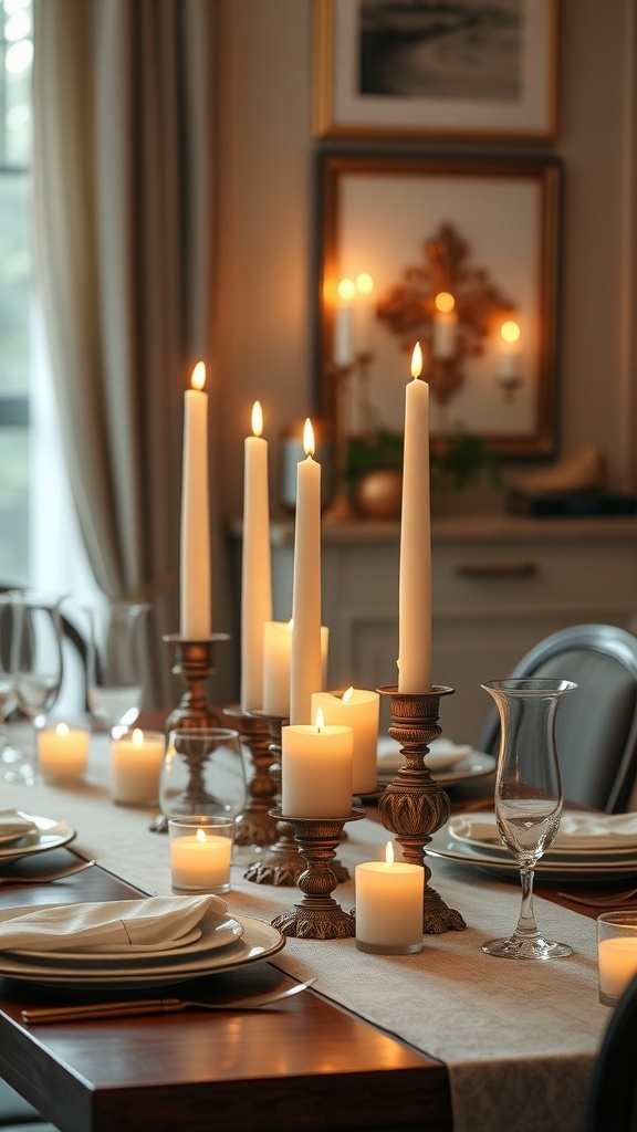 A beautifully set dining table with elegant taper candles in ornate holders, creating a warm and inviting atmosphere.