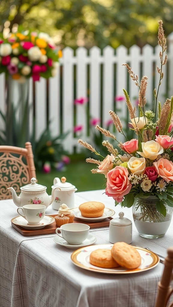 Elegant tea and scones set up in an outdoor bridal shower setting with flowers and fine china