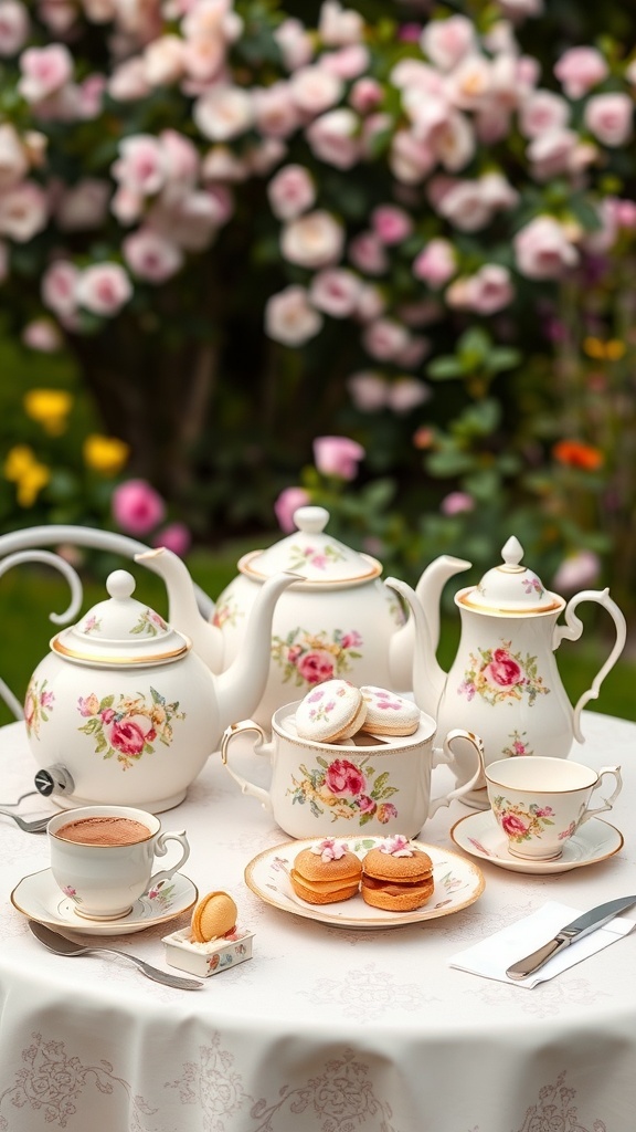 Elegant tea party setup with floral teapot, pastries, and flowers in the background