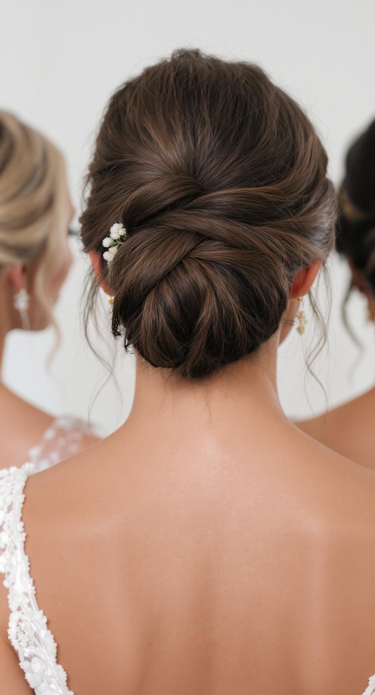 A close-up view of a twisted bun hairstyle adorned with small white flowers, showcasing elegance and style.