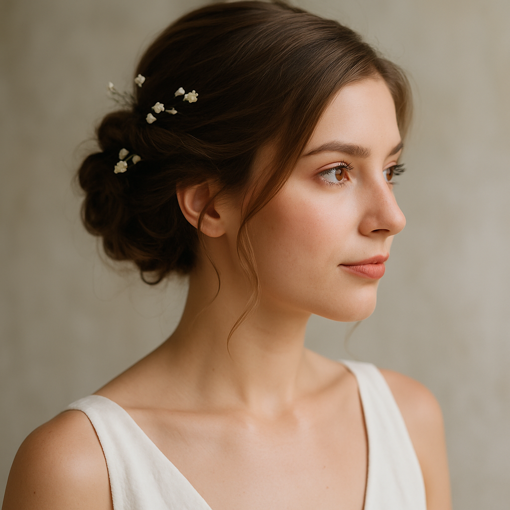 A close-up of a woman with a low twisted bun hairstyle adorned with small white flowers.