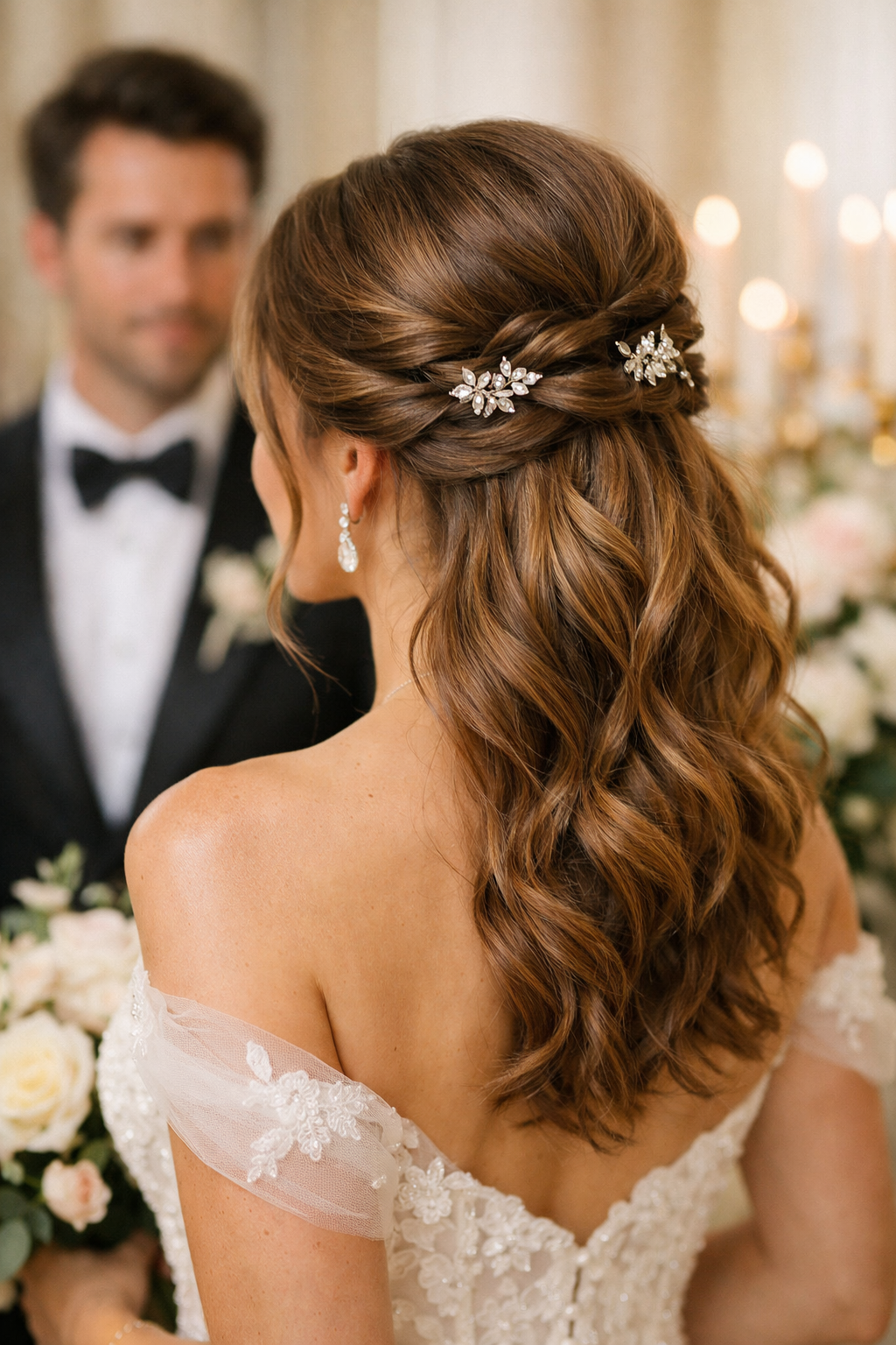 Elegant twisted half-up hairstyle with soft curls and decorative hairpins, showcasing a wedding guest style.