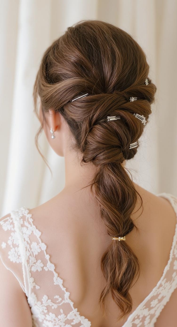 A close-up of a twisted ponytail hairstyle with hair accessories, showcasing a bridesmaid's elegant look.