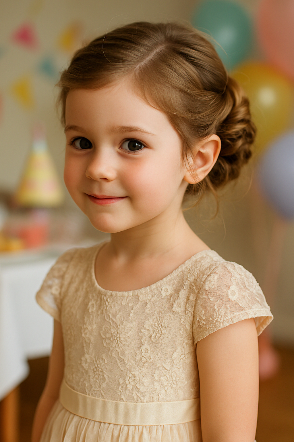A young girl with a twisted updo hairstyle, wearing a light-colored dress, smiling at a birthday party.