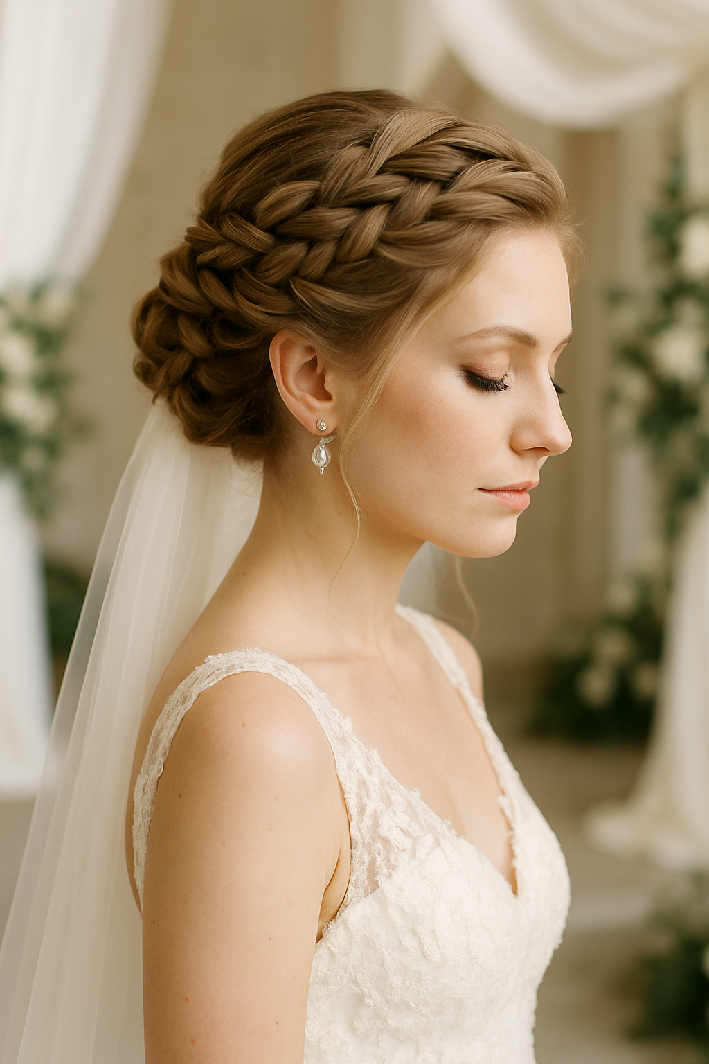 A bride with a braided updo hairstyle, wearing a lace wedding dress and earrings, with a soft veil.
