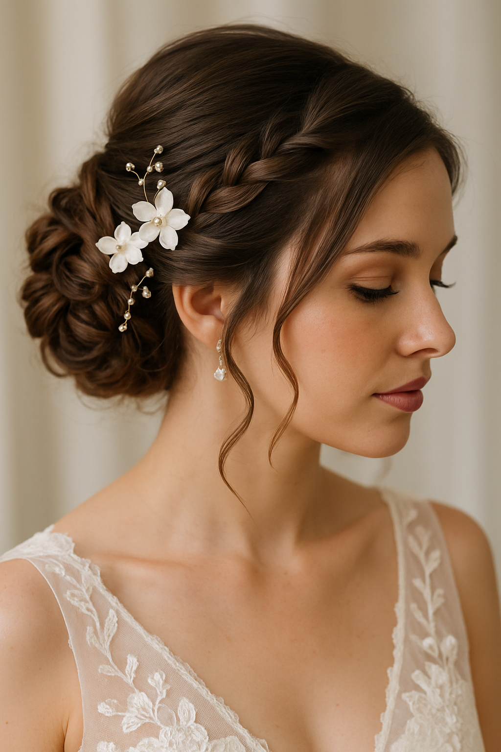 Brunette bride with an elegant updo featuring braids and floral accents.
