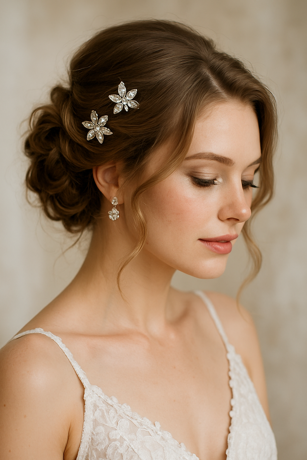 A bride with an elegant updo hairstyle adorned with crystal accents, showcasing soft waves and a delicate bun.