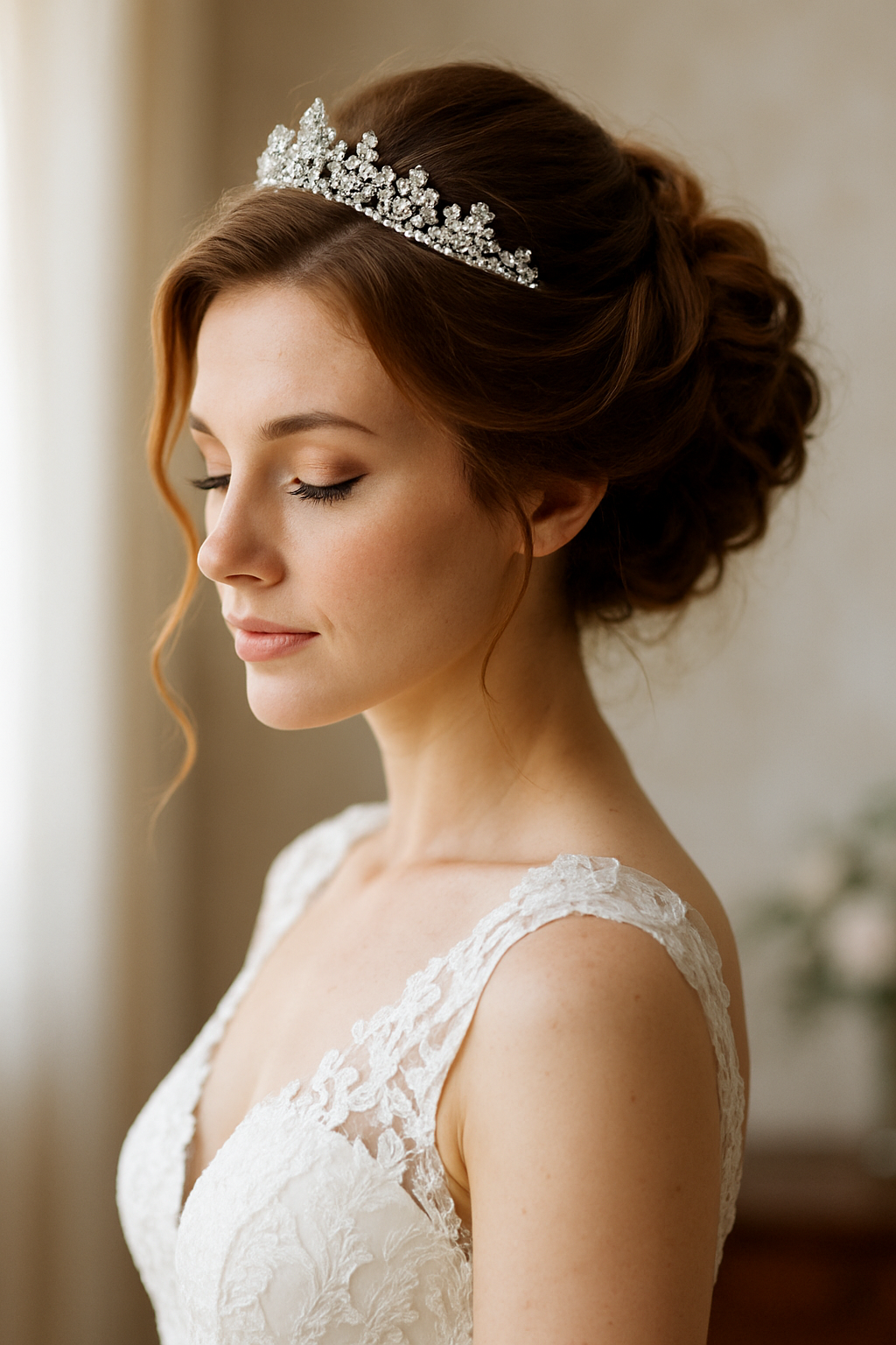 Bride with an elegant updo hairstyle adorned with a crystal tiara.