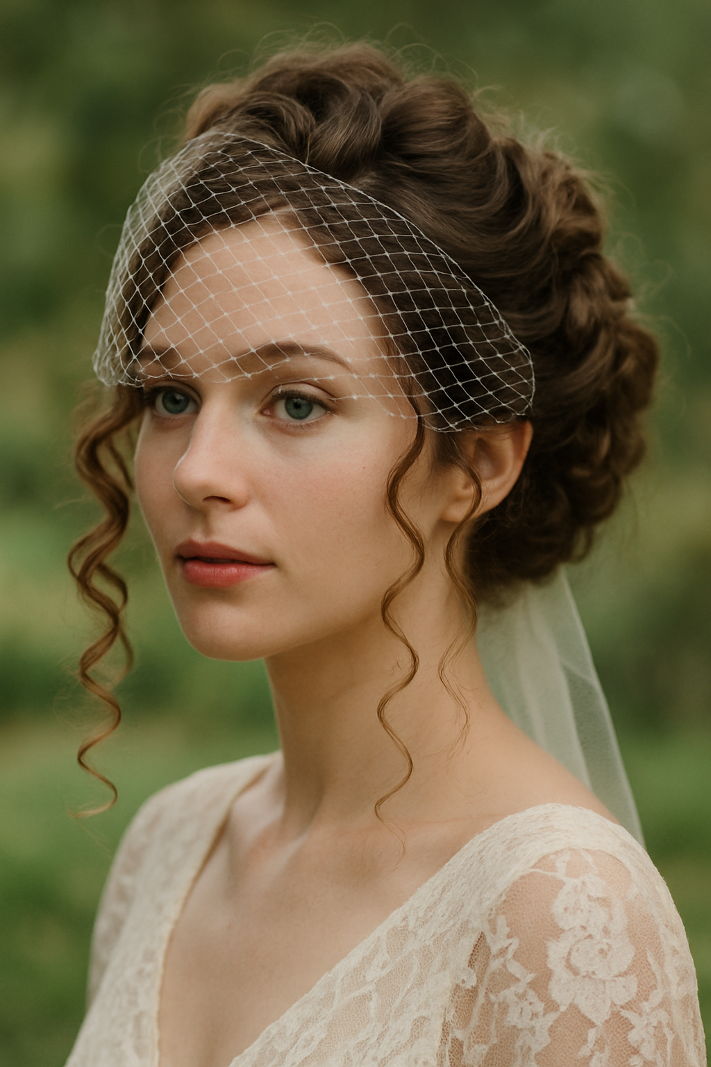A bride with an elegant updo featuring curly tendrils and a delicate veil.