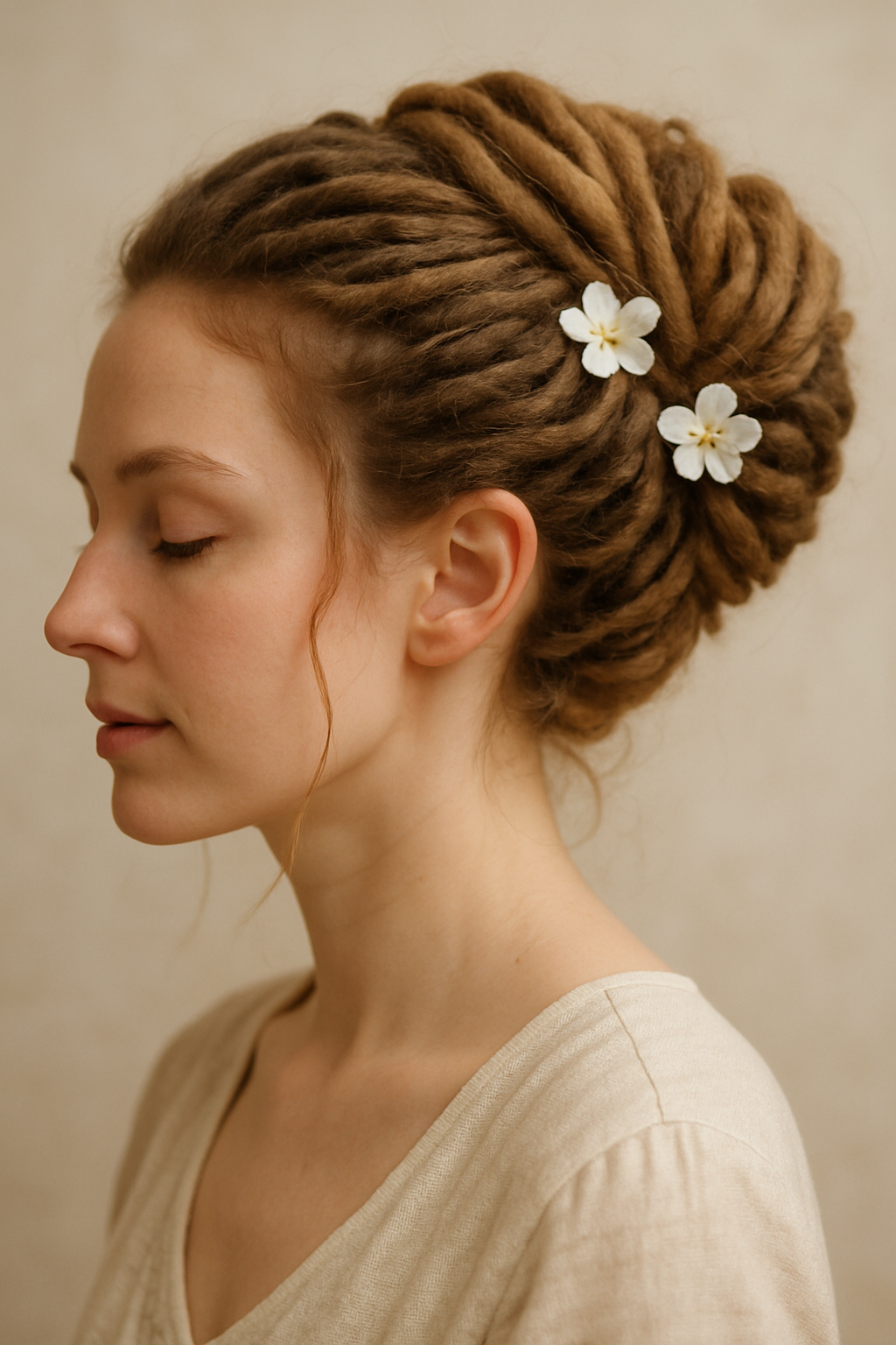 A woman with dreadlocks styled in an elegant updo, adorned with white flowers.