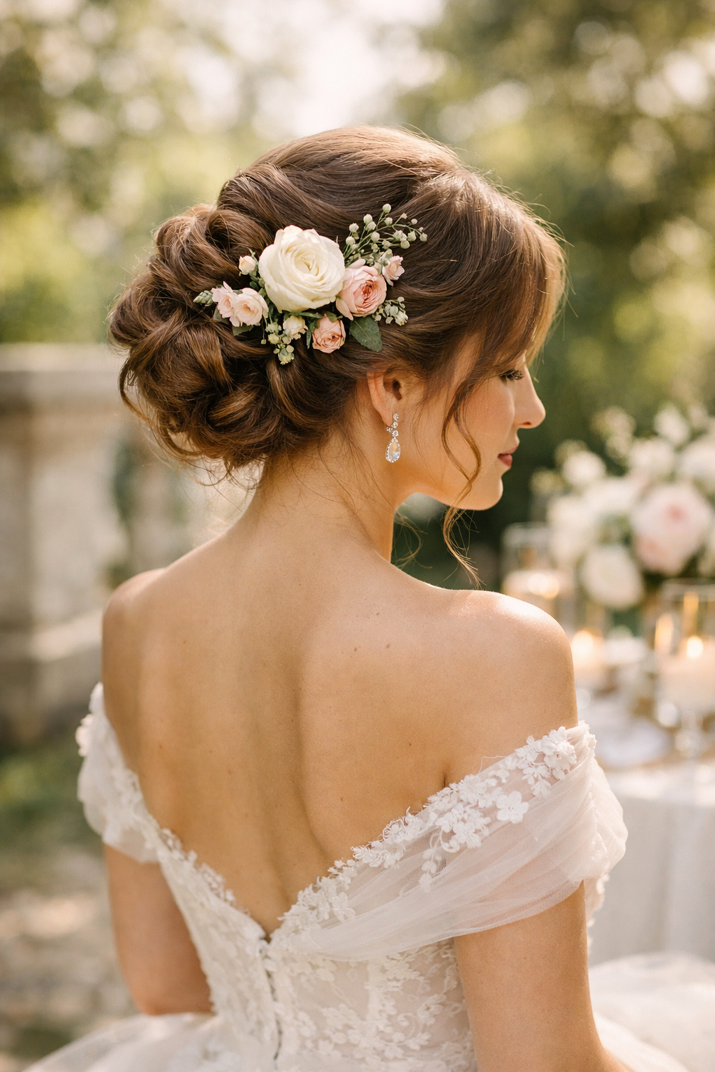 Elegant updo hairstyle with floral accents for summer wedding