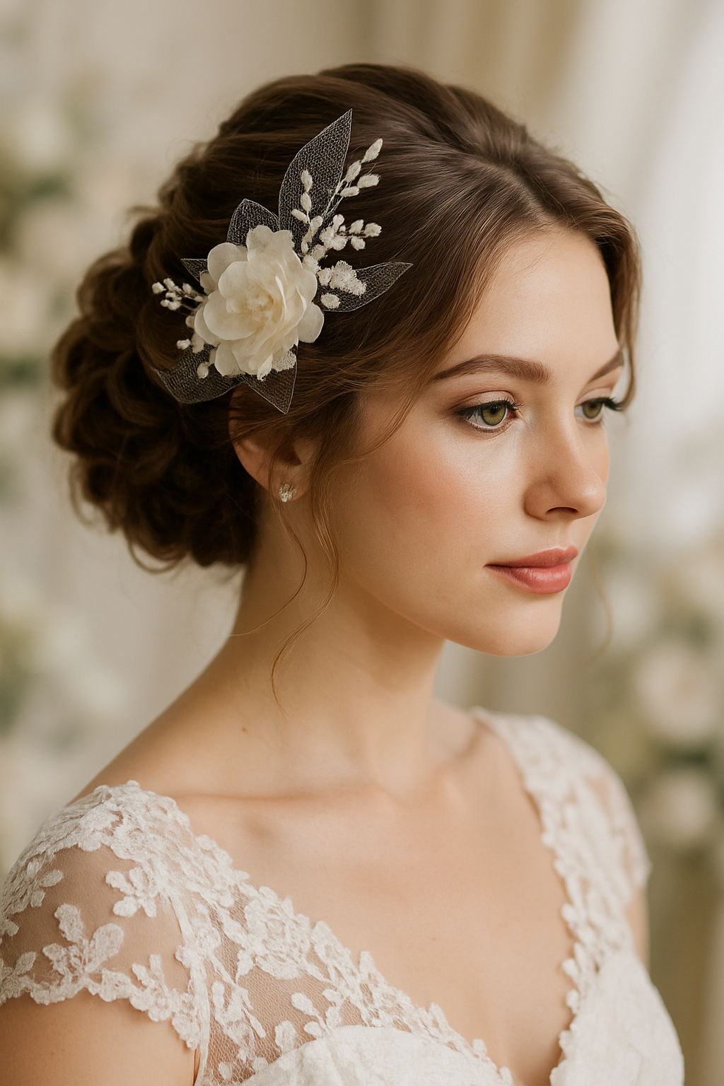 A woman with a sophisticated updo hairstyle adorned with a floral fascinator, showcasing soft curls and natural makeup.