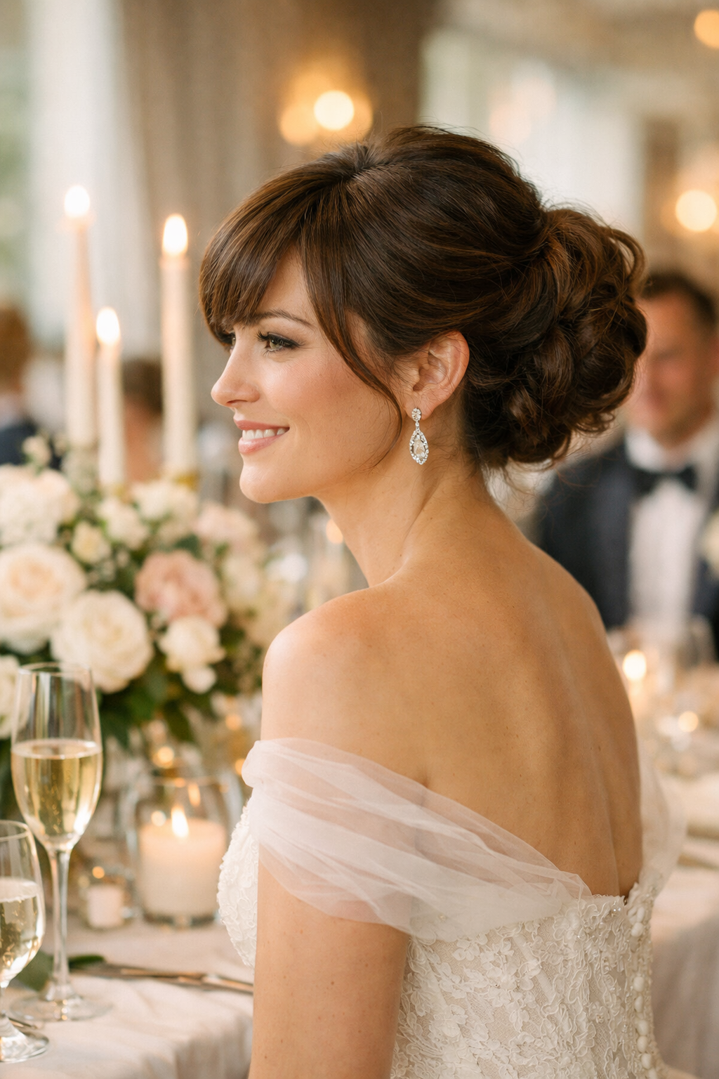 A woman with an elegant updo and side-swept bangs, wearing sparkling earrings, seated at a beautifully arranged table.