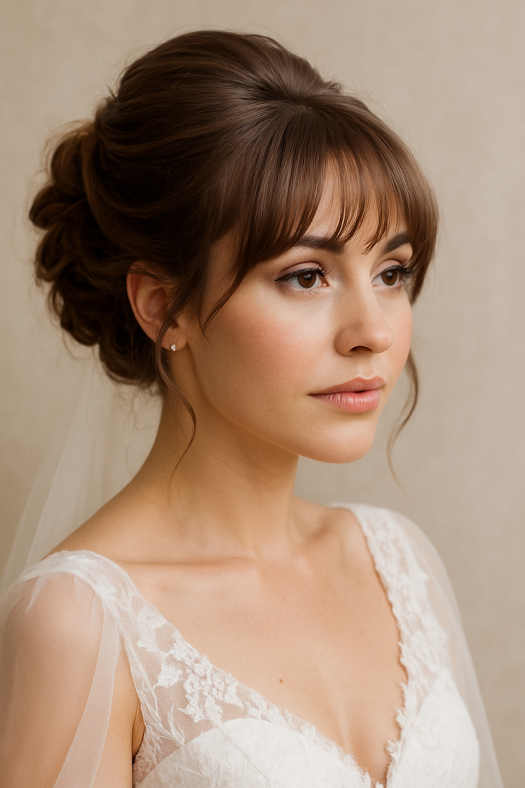 A bride with an elegant updo hairstyle featuring soft bangs, showcasing her neckline and shoulders.