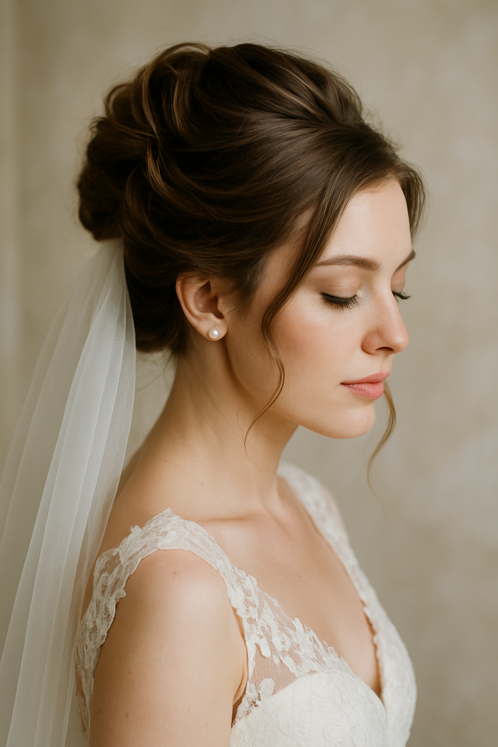 A bride with an elegant updo hairstyle and a flowing veil, showcasing a classic bridal look.