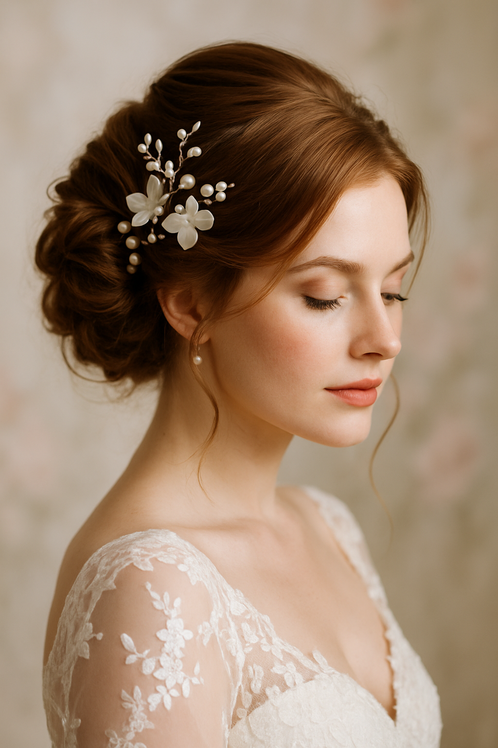 A bride with a soft updo hairstyle featuring floral and pearl accents.