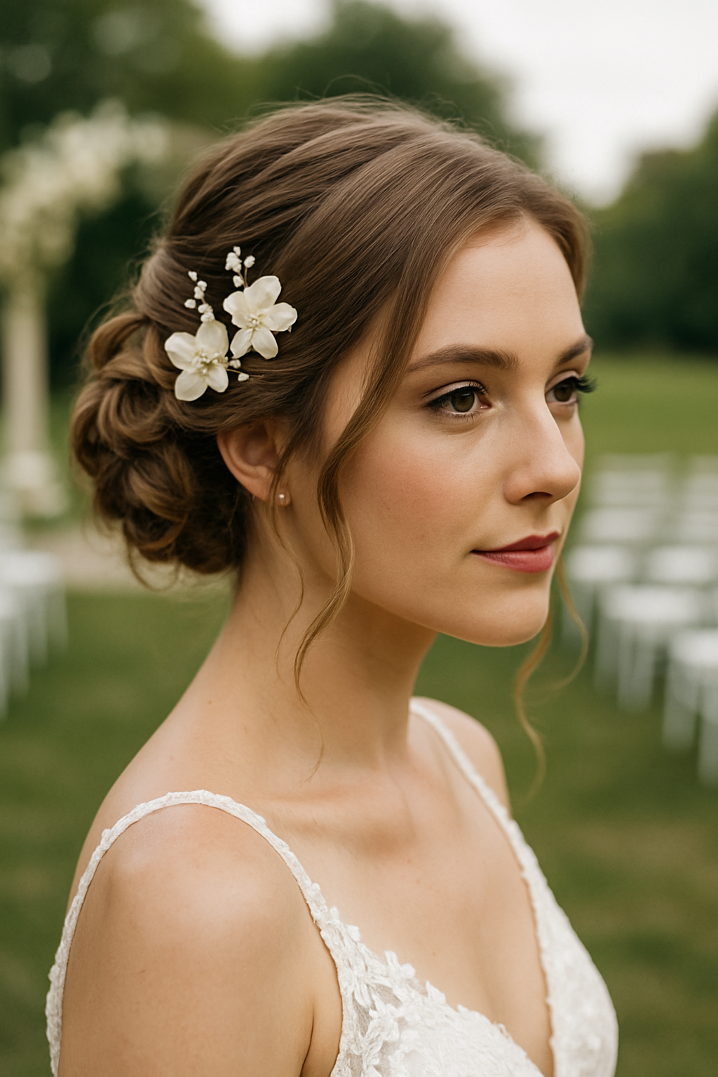 A woman with an elegant updo hairstyle adorned with flowers, perfect for a wedding.