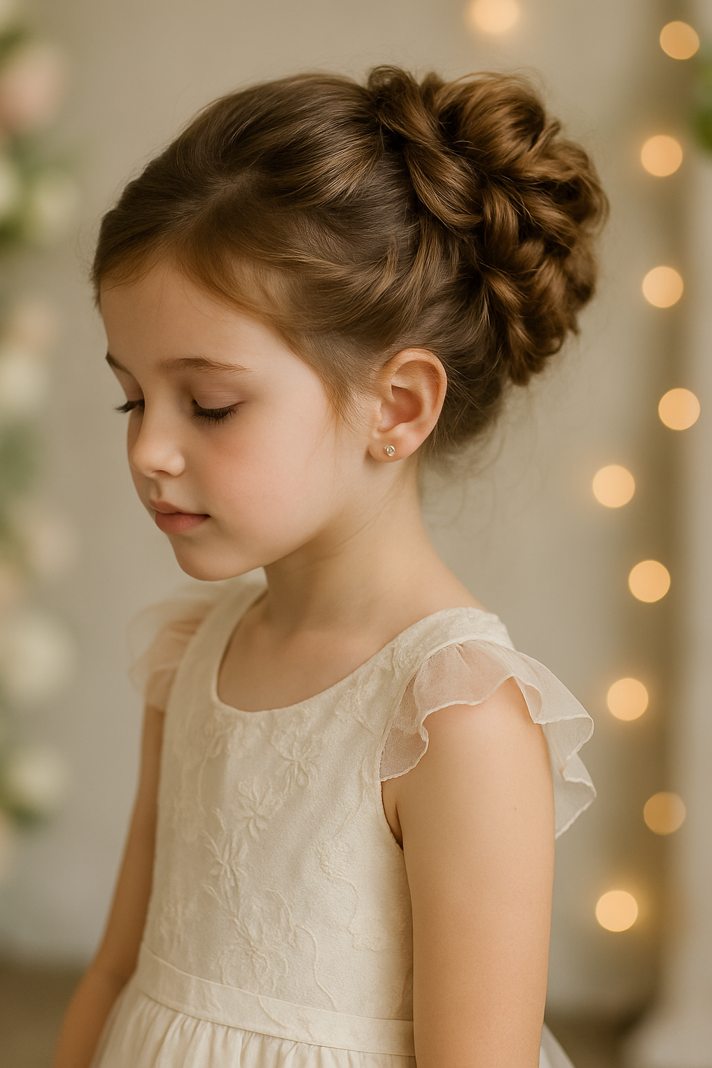A young girl with a braided updo hairstyle, wearing a dress with ruffled sleeves.
