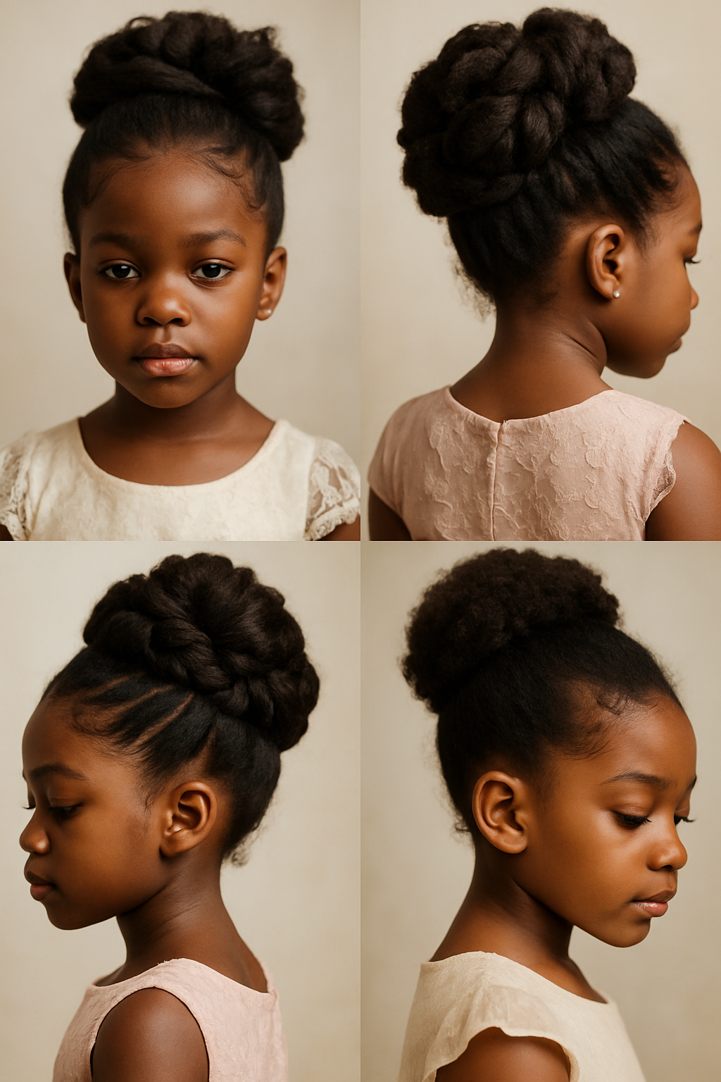A young girl with a stylish updo hairstyle, featuring a bun and intricate braids, dressed in a light pink outfit.