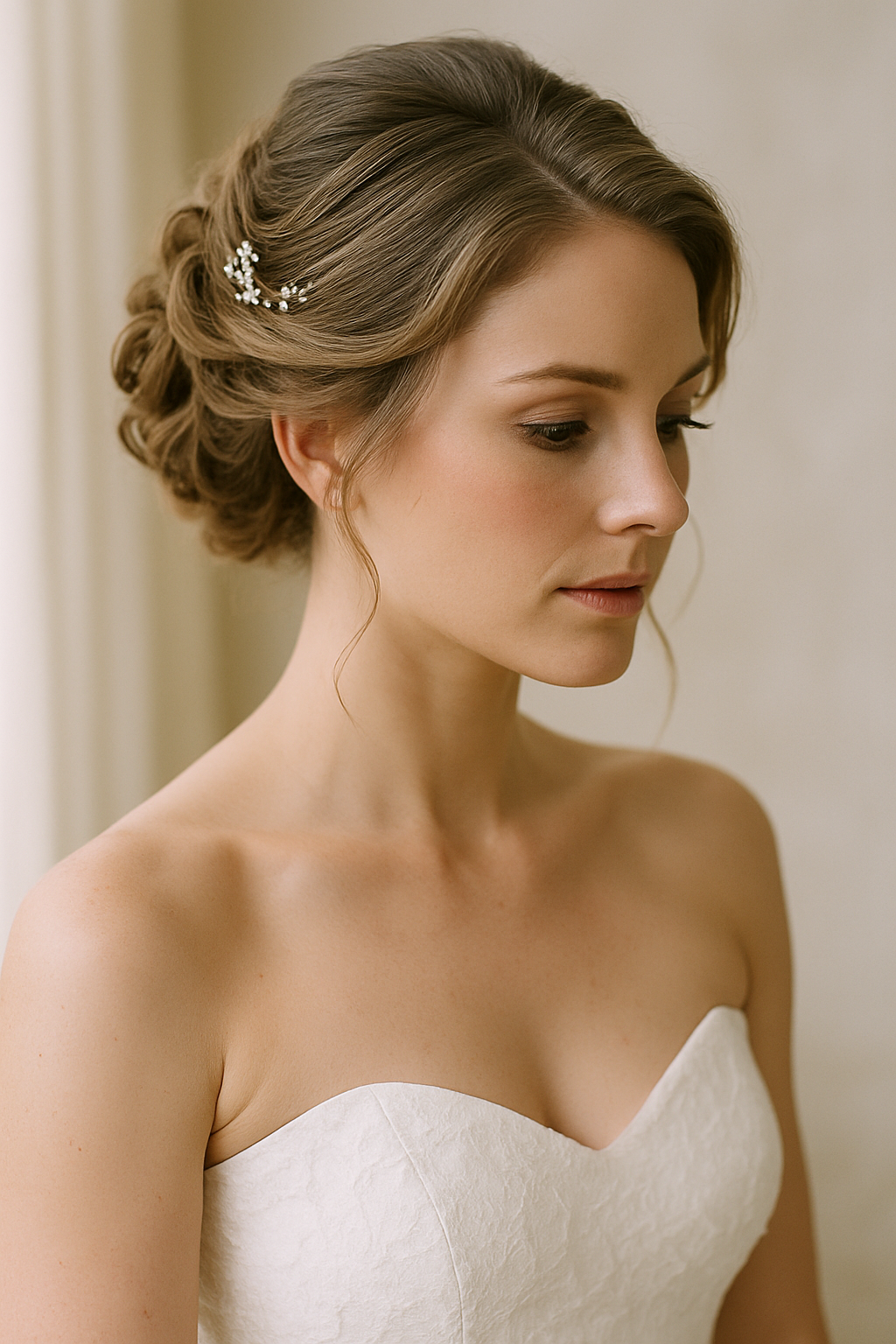 Bride with an elegant updo hairstyle, wearing a strapless wedding dress.