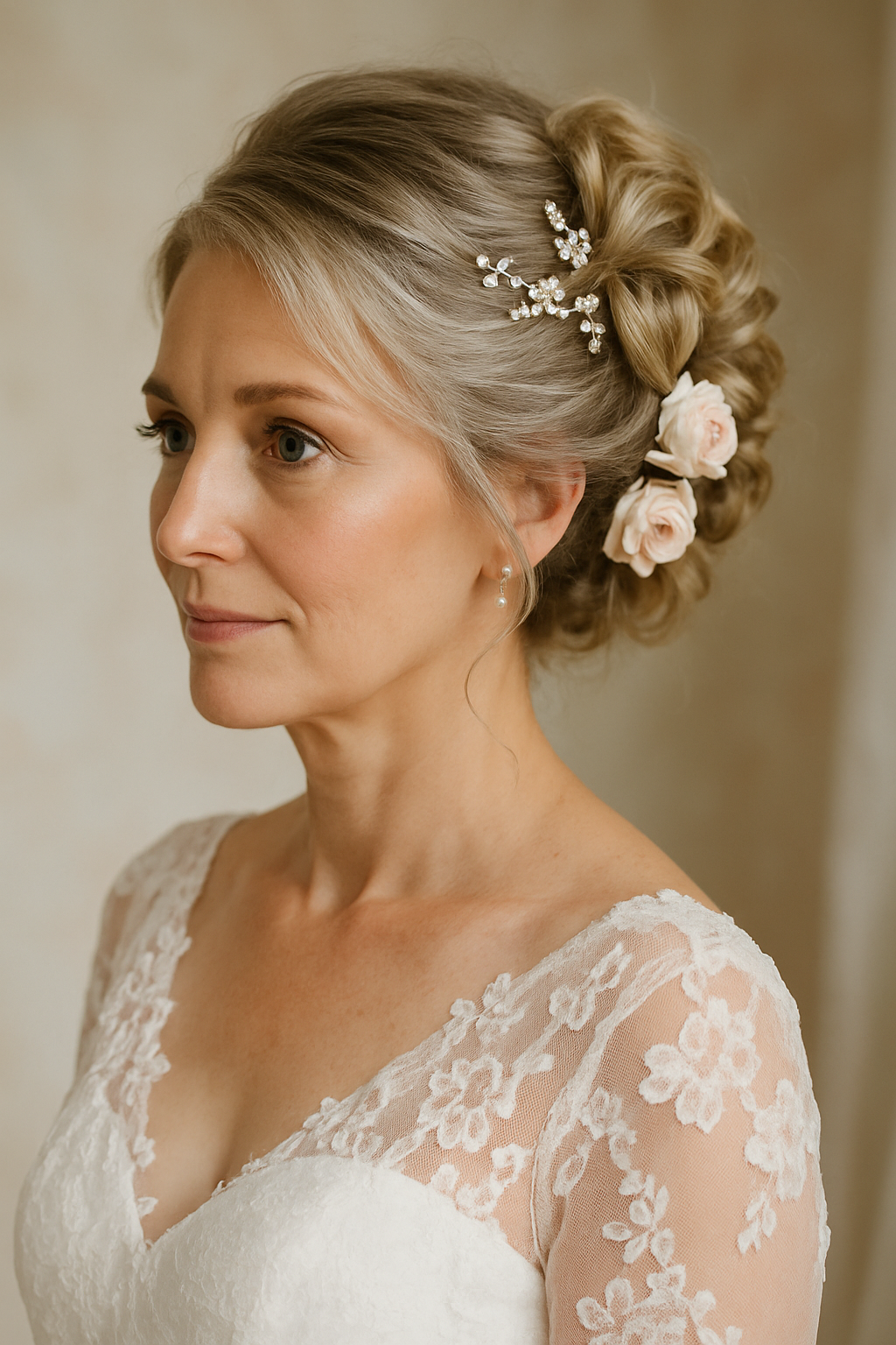 A mature bride with a beautiful updo hairstyle featuring soft curls and floral accents.