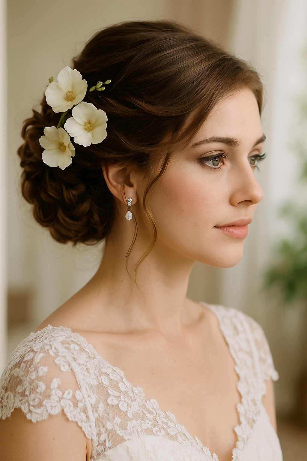 A bride with an elegant updo hairstyle featuring braids and floral accents.