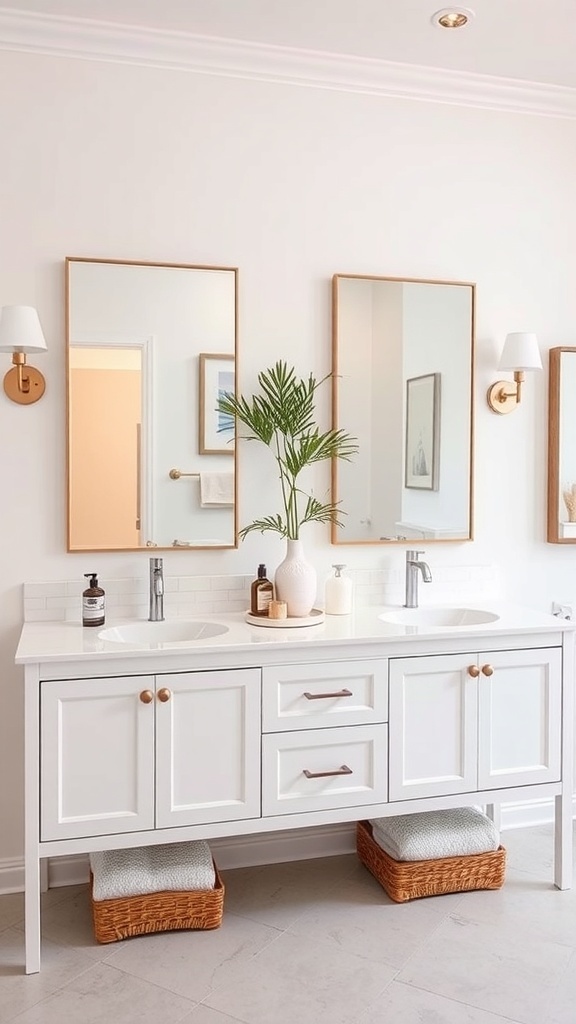A stylish bathroom vanity with double sinks, wooden accents, and mirrors.