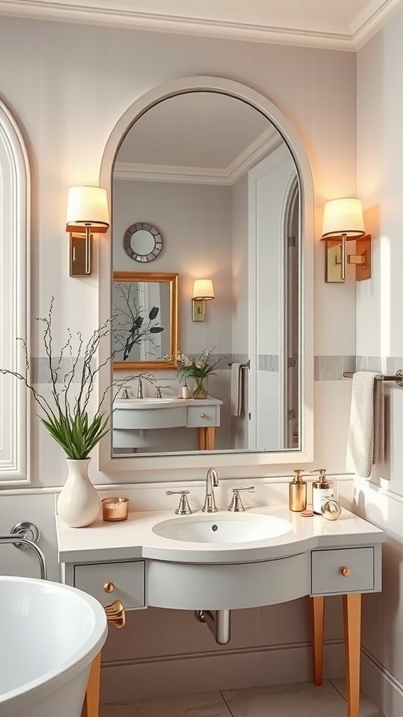 Elegant bathroom with arched vanity mirror, soft lighting, and stylish decor.