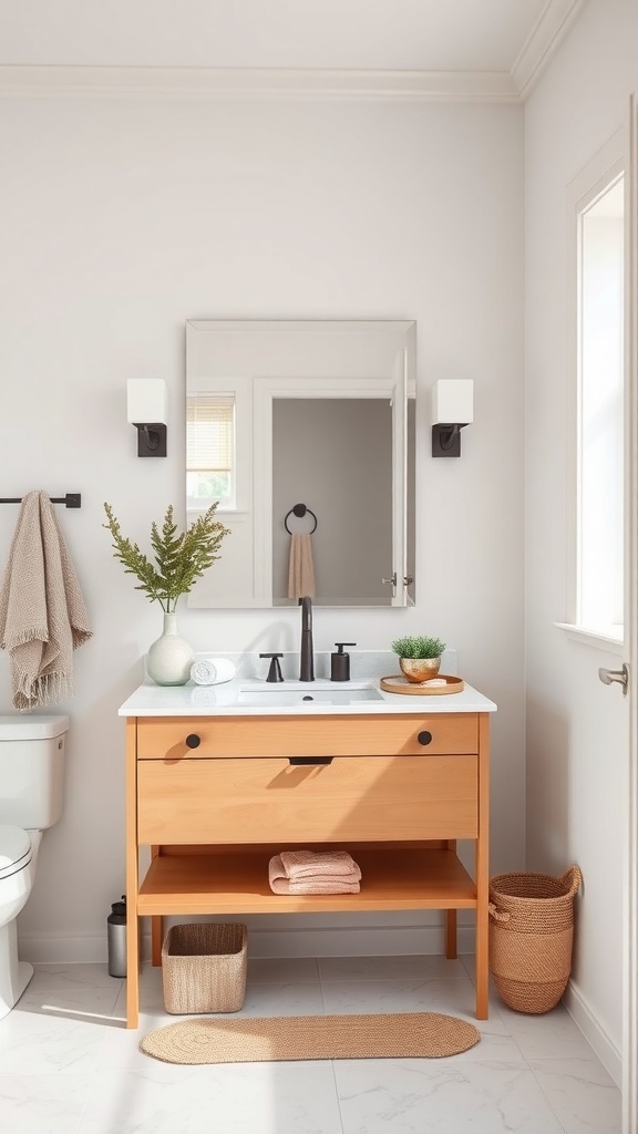 Elegant bathroom vanity with a light wood finish, black faucets, and decorative items.