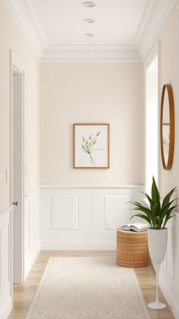 Elegant hallway with wainscoting, soft beige walls, artwork, mirror, plant, and cozy rug.