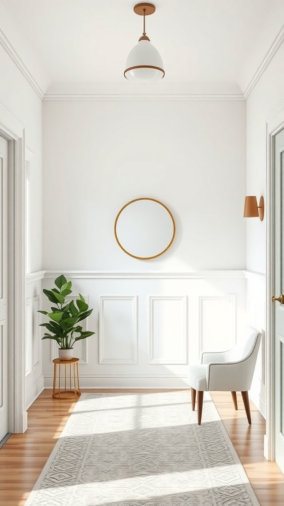 Bright entryway with white wainscoting, a chair, a plant, and a round mirror.