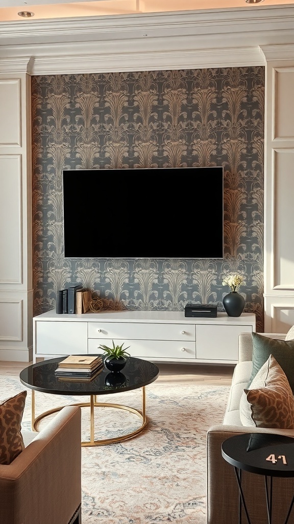 Elegant wallpaper design behind a mounted TV in a stylish living room