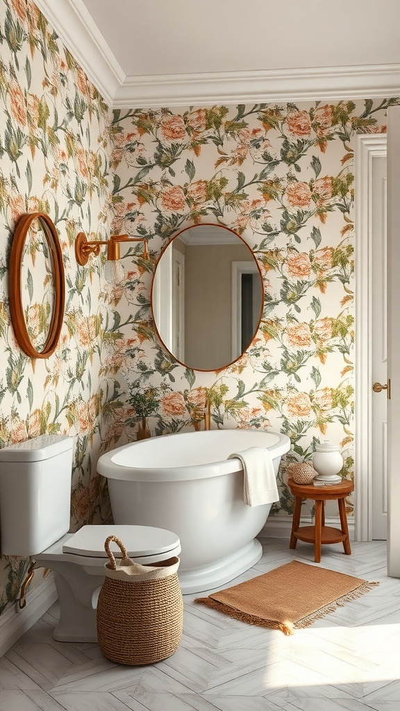 A bathroom featuring floral wallpaper, a round mirror, a white bathtub, and wooden accents.