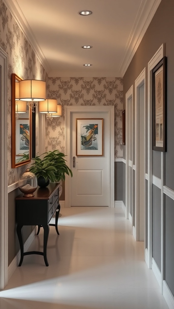A stylish hallway with elegant wallpaper patterns, featuring warm lighting and decorative elements.