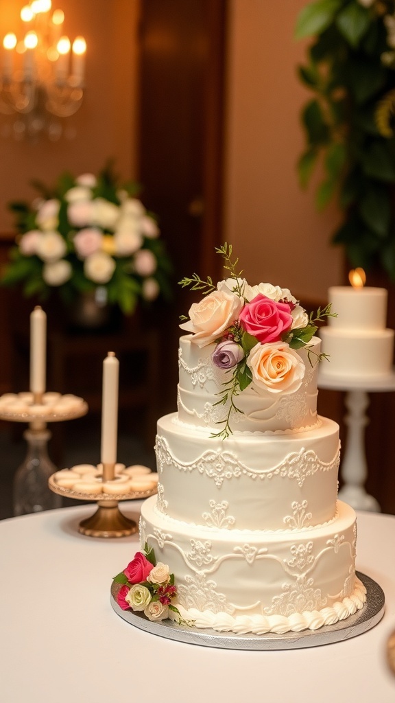 A beautifully decorated three-tier wedding cake with flowers, candles, and treats on a dessert table.