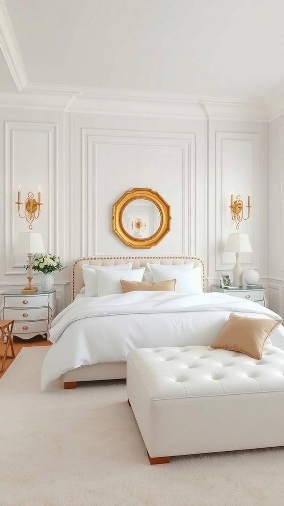 A stylish white bedroom featuring gold accents, a round mirror, and elegant lighting.