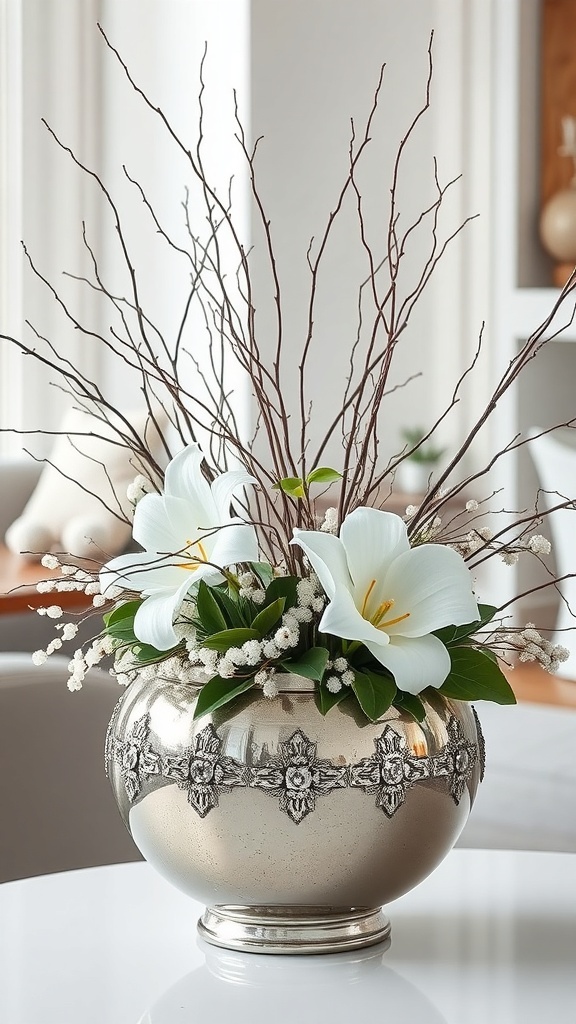 A silver planter with white flowers and bare branches, showcasing an elegant holiday decor theme.